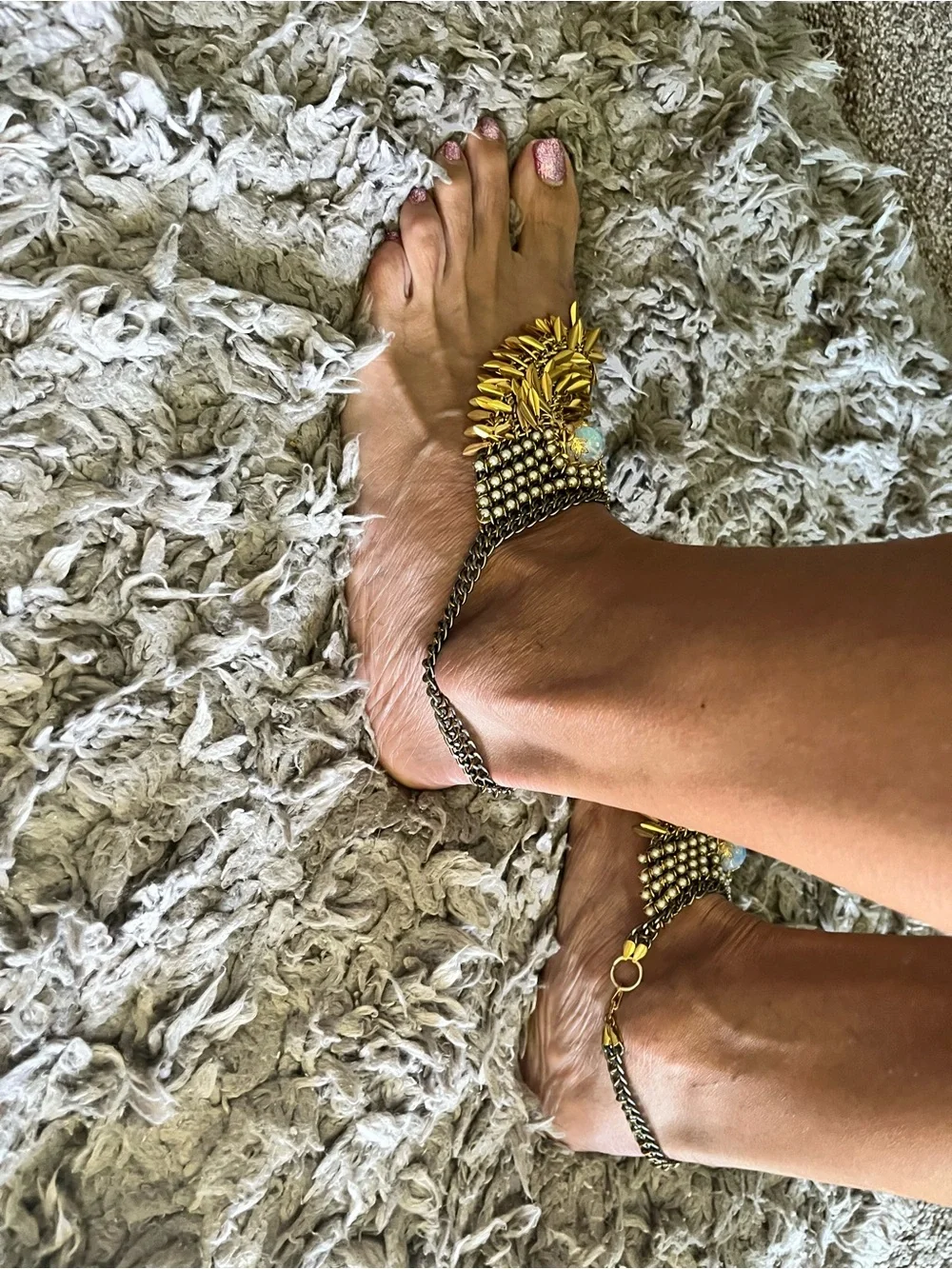 Gold-Tone Beaded Statement Ankle Bracelet Pair with Opalescent Stones